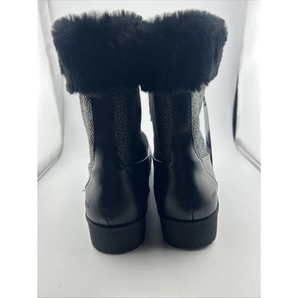JBU Duck Boots Women 8.5 Black Grey Waterproof Herringbone Faux Fur Winter Snow